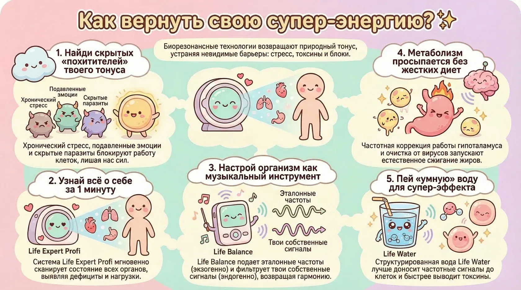 Инфографика: 5 шагов к восстановлению энергии и природного тонуса с помощью биорезонансных технологий