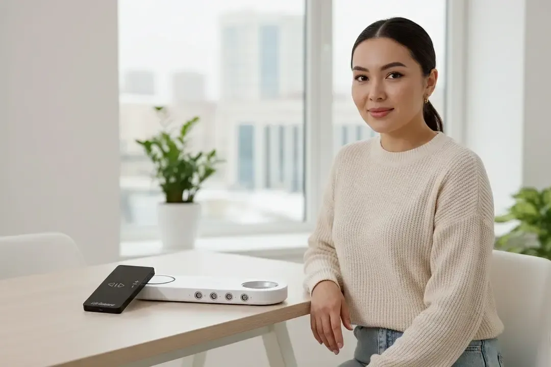 Консультант компании WebWellness сидит в офисе рядом с приборами БРТ технологий в шоуруме Алматы