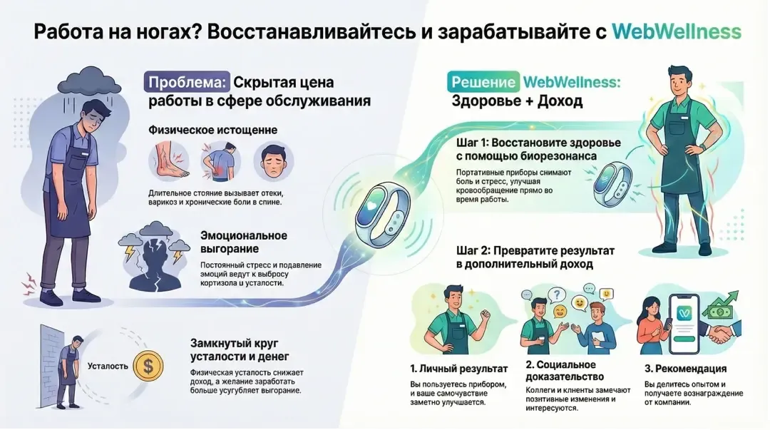 Инфографика: Работа на ногах? Восстановливайтесь и зарабатываете с WebWellness