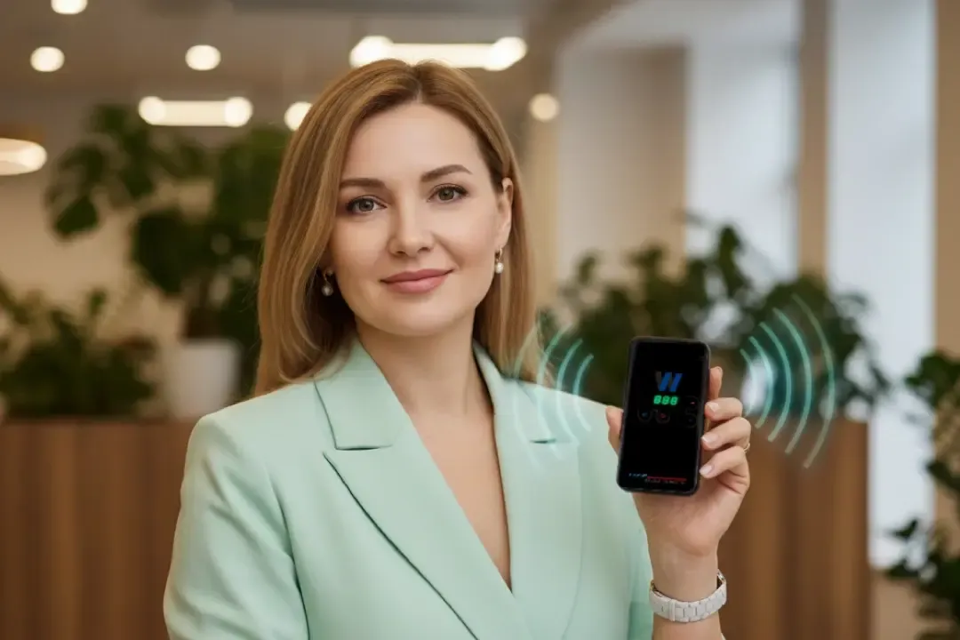 Консультант WebWellness показывает прибор БРТ wellness-поддержки WebWellness LifeBalance