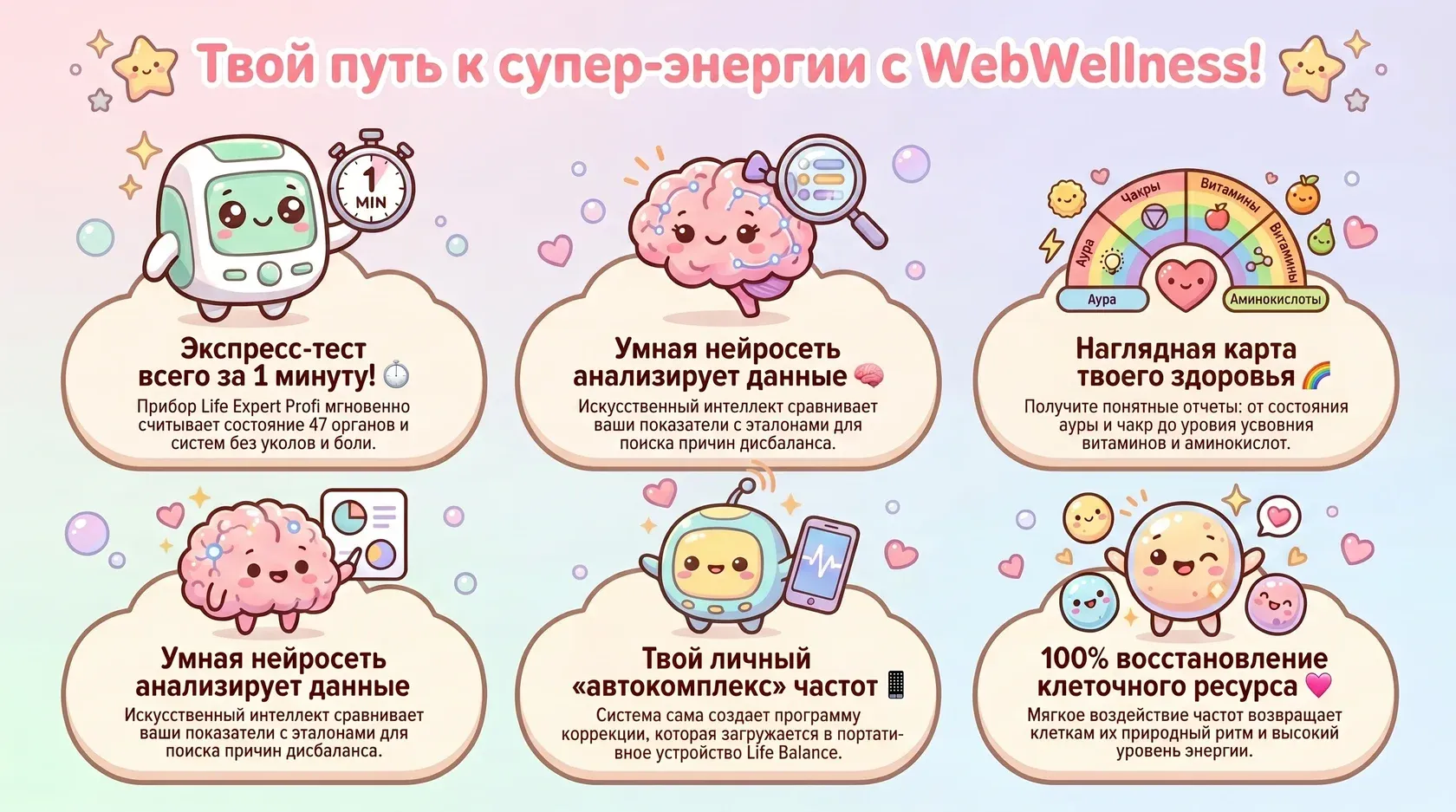 Инфографика: путь к супер-энергии с WebWellness: минутный тест, анализ нейросетью, карта здоровья и автокомплекс.