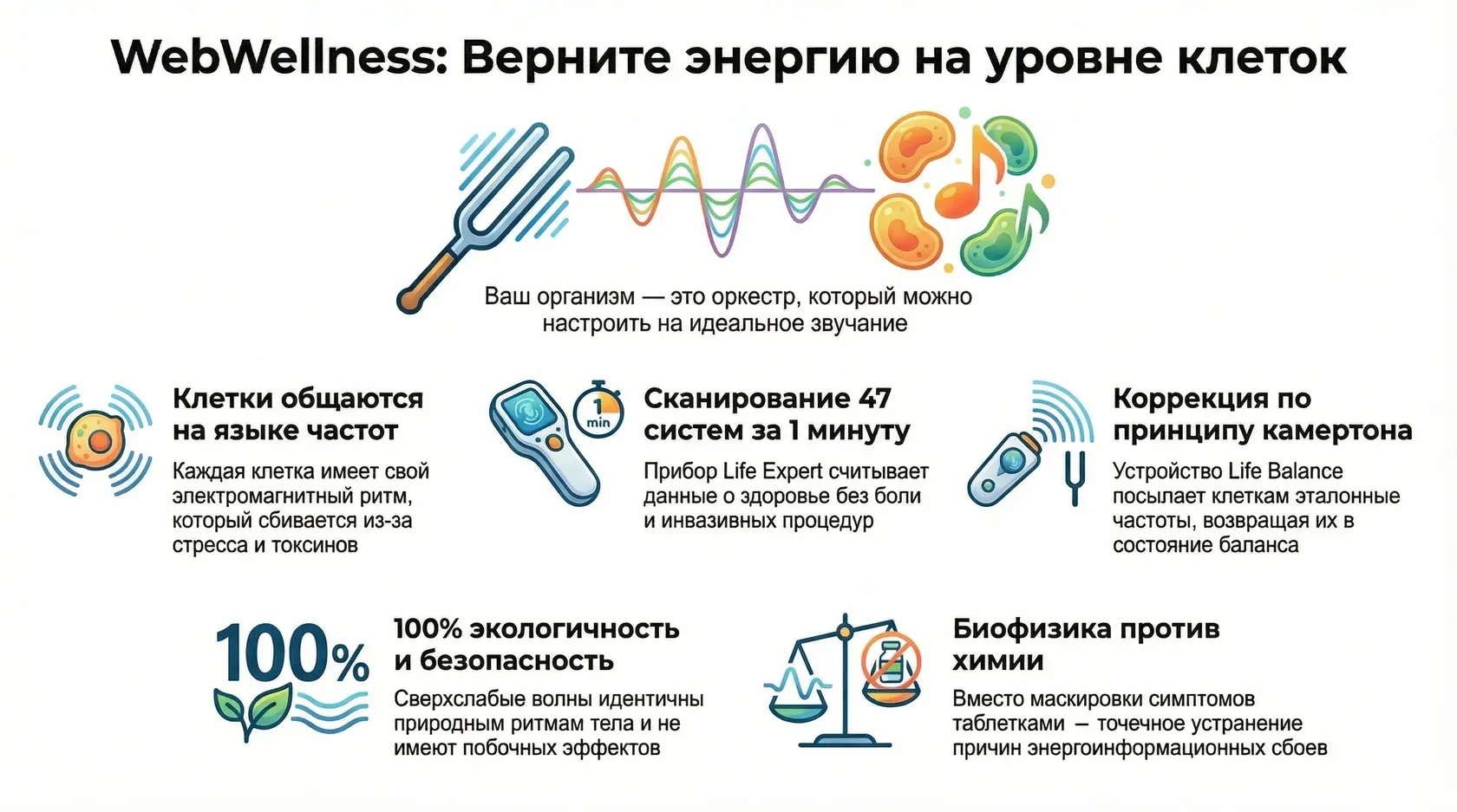 Инфографика: принципы работы webwellness для настройки энергии клеток и сканирования 47 систем организма за 1 минуту.