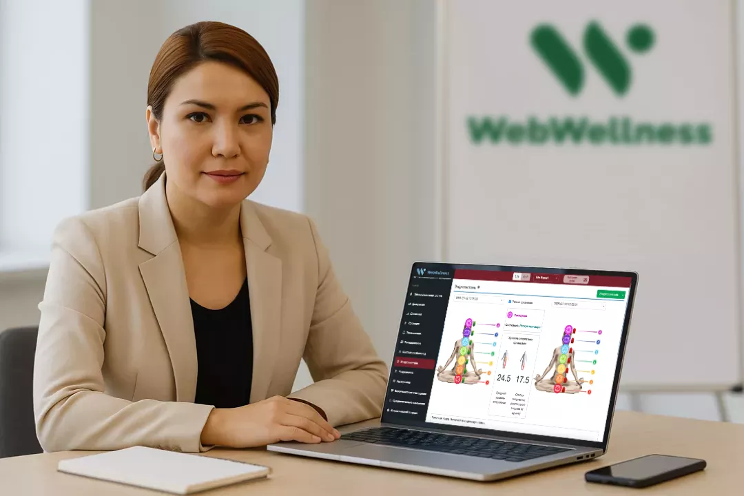 Специалист WebWellness показывает результат тестирования на Life Expert